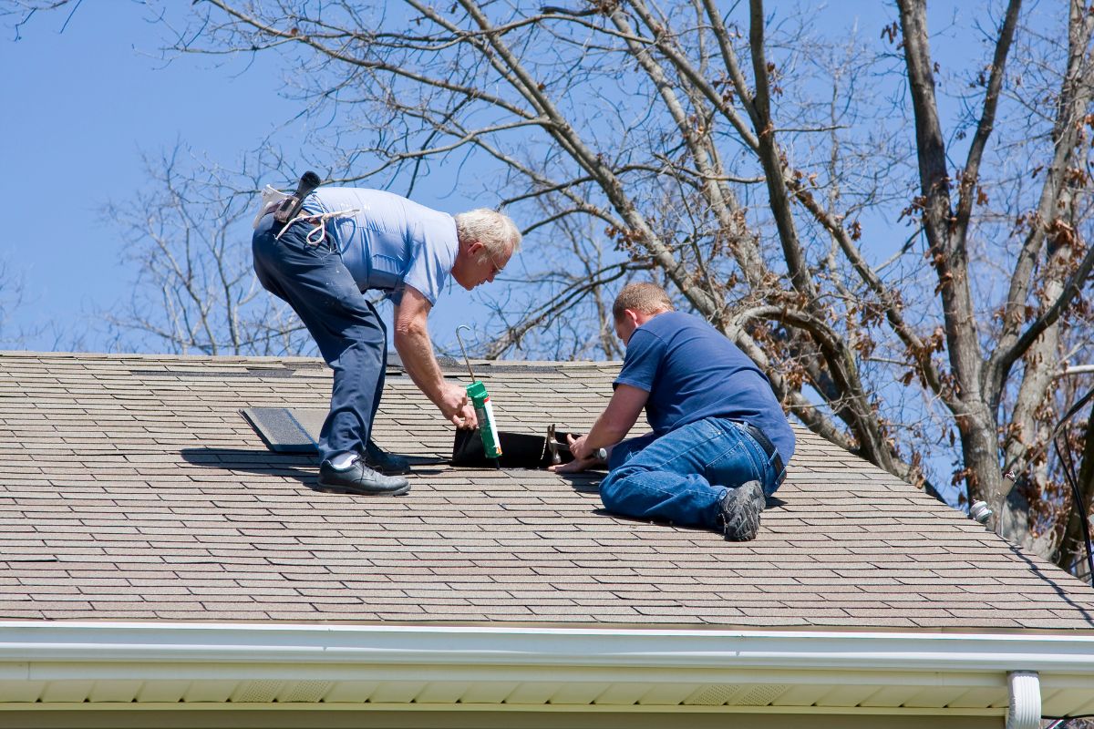 Two men installing a roof, one on a ladder, comparing roof-mounted and foldable systems. 